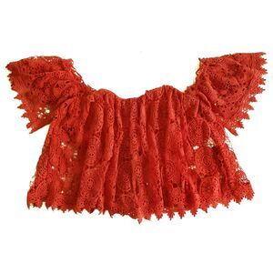 TULAROSA Amelia lace crochet cropped off the shoulder top blouse in cayenne XS